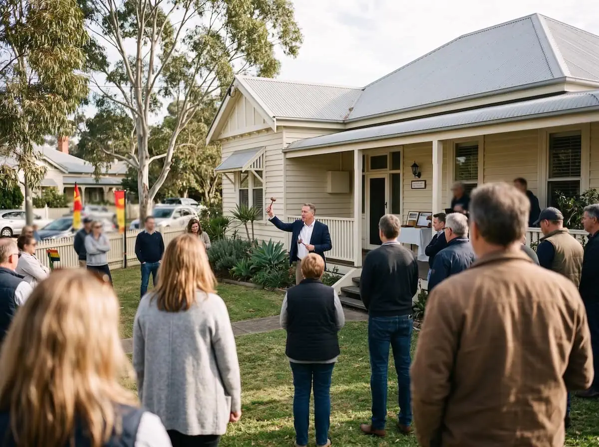 People gathered around an auctioneer outside a weatherboard home