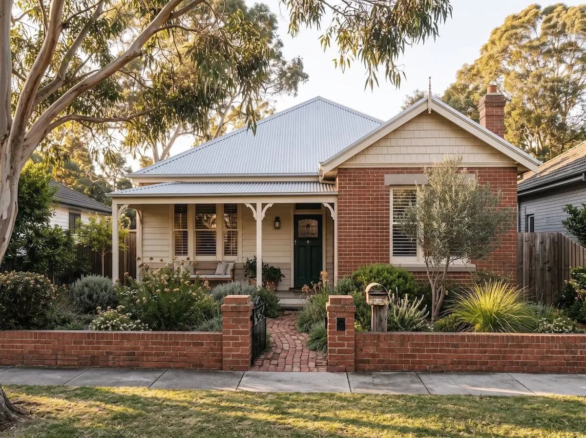 A brick-and-weatherboard home with a verandah and leafy front garden