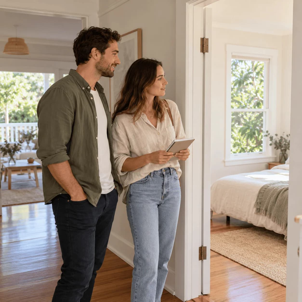 Two people considering the rooms and layout of a home