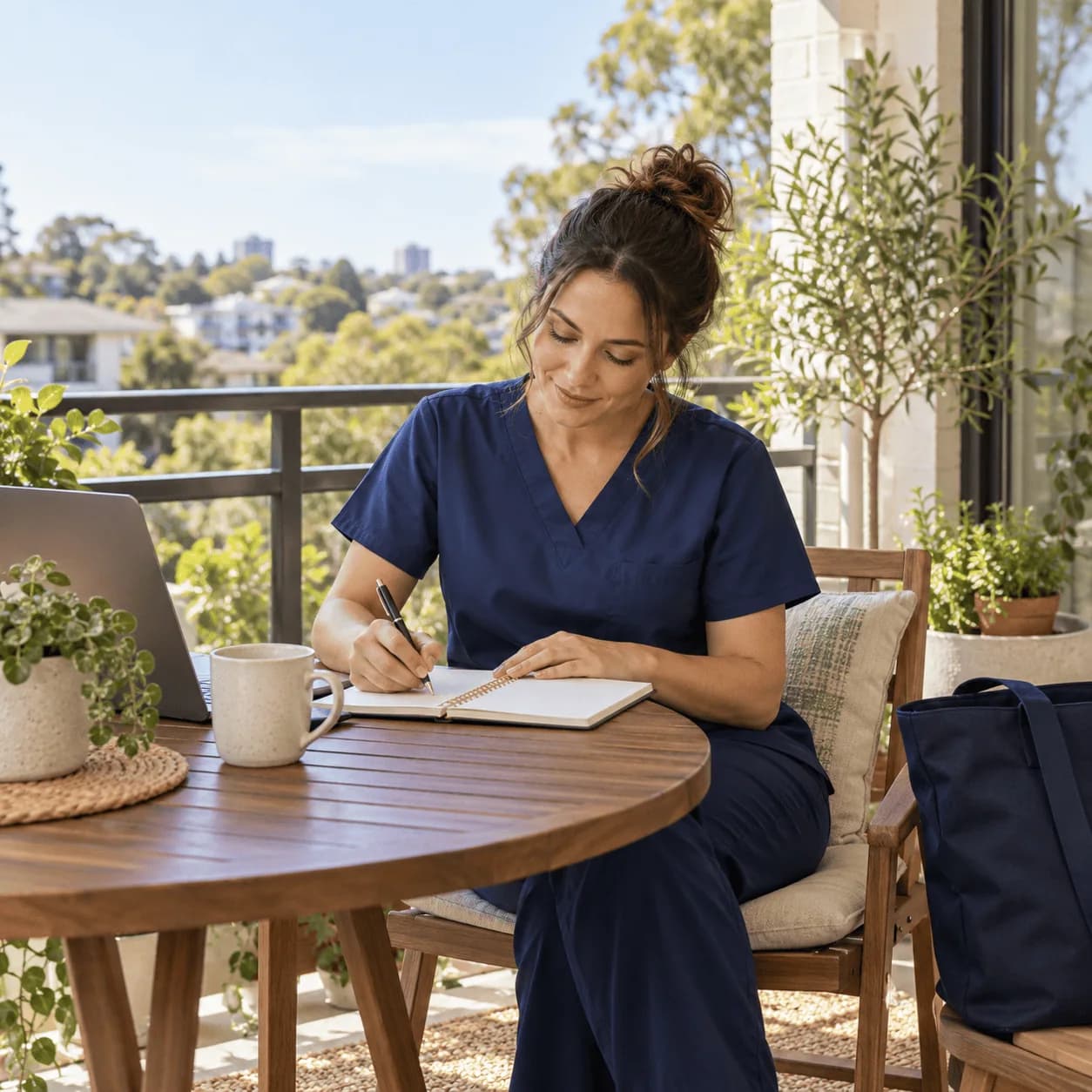 A woman in navy scrubs writing in a notebook on a leafy balcony