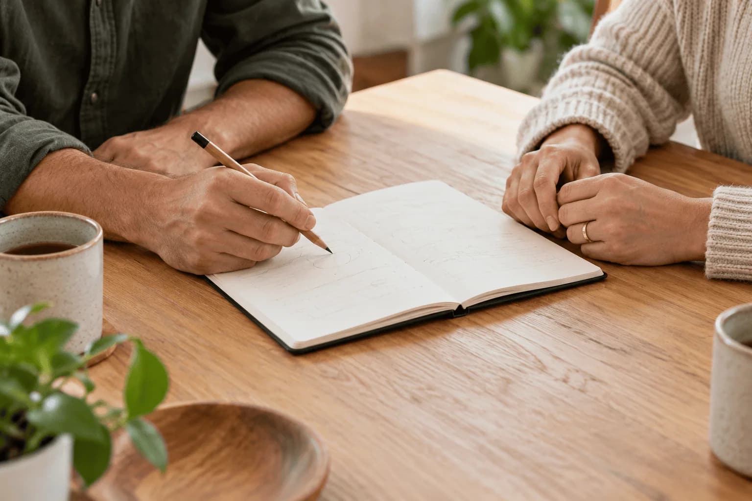Two people writing in a notebook at a timber table